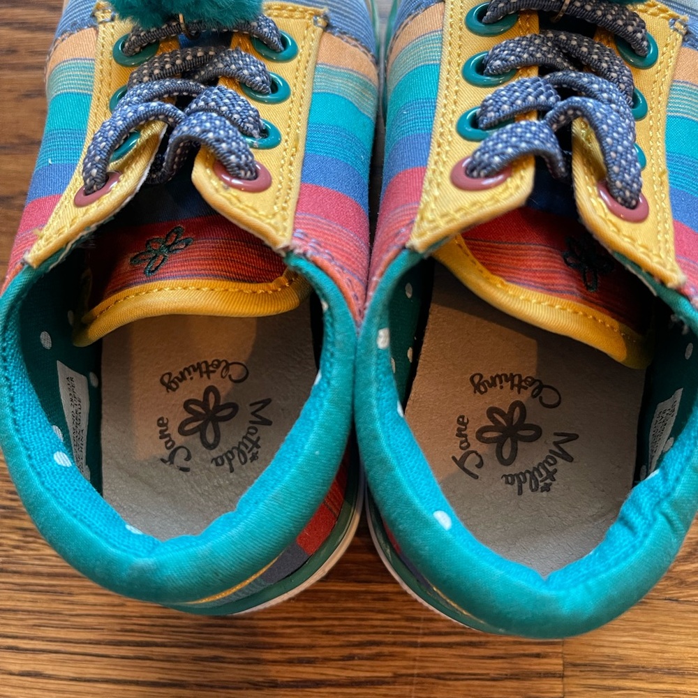 Matilda Jane Girls Teal Striped Pom Pom Sneakers Size 7 - Picture 6 of 11
